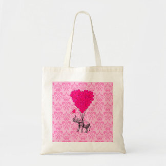 Bolsa Tote Elefante segurando coração no damasco rosa