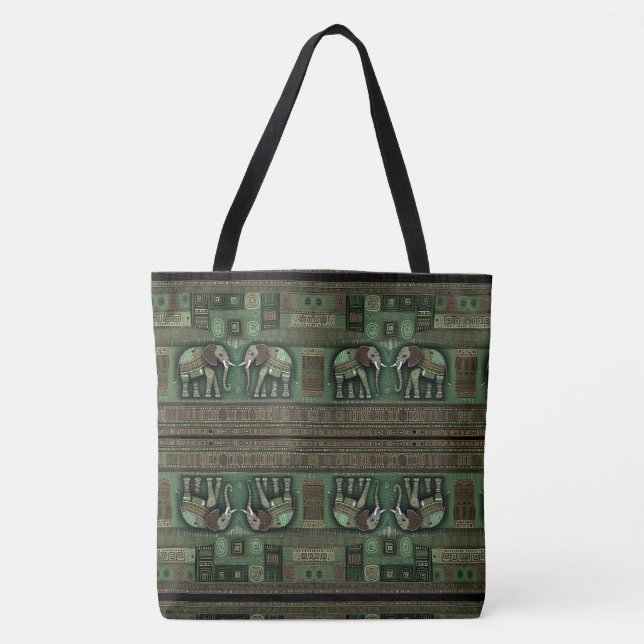 Bolsa Tote Elefantes Africanos Contemporâneos Na moda Verde (Frente)