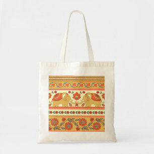 Bolsa Tote Elefantes étnicos, flores, padrão sem costura.