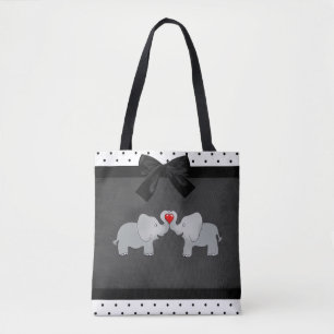 Bolsa Tote Elefantes Fofos Adoráveis, Bolinhas, Laço Preto