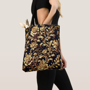 Bolsa Tote Elegância Barroca: Preto e Dourado Floral