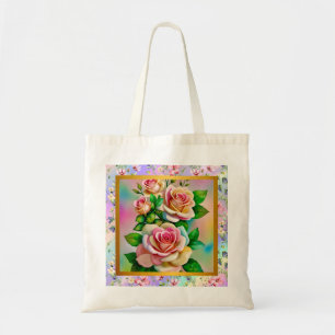 Bolsa Tote Elegância Rosas Rosa e Amarelo Aquarela Pastel