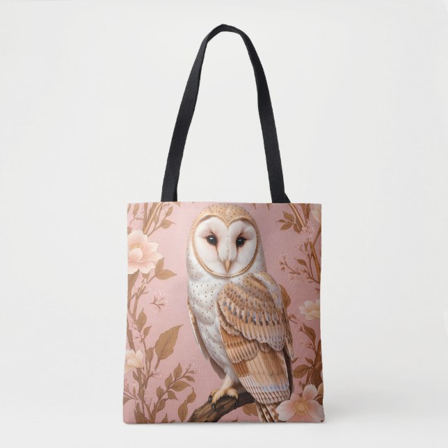 Bolsa Tote Elegant Barn Owl Pink and Gold Floral  (Frente)