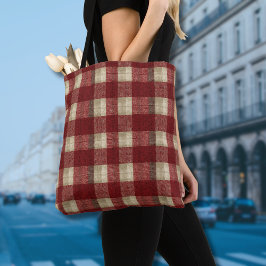 Bolsa Tote Elegant Burgundy Ivory Rust Red Plaid Pattern