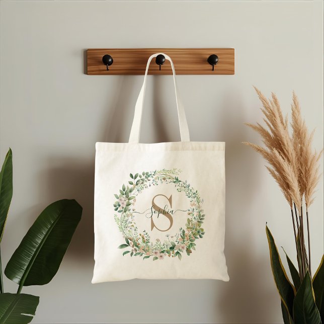 Bolsa Tote Elegant Custom Botanical Monogram with Name (Criador carregado)