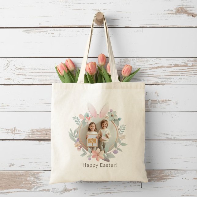 Bolsa Tote Elegant Easter Bunny Wreath Photo Tote Bag (Criador carregado)