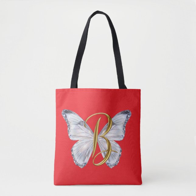 Bolsa Tote Elegant Floral Butterfly Letter B - Artistic Monog (Frente)