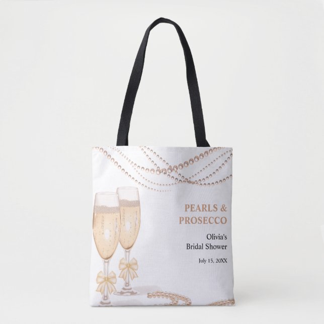 Bolsa Tote Elegant Gold Bow Pearls and Prosecco Bridal Shower (Frente)