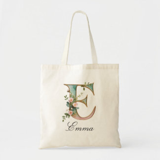 Bolsa Tote Elegant Gold Floral Letter E Monogram Tote Bag