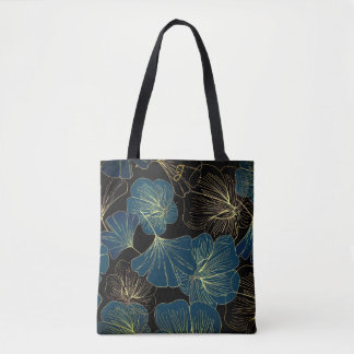 Bolsa Tote Elegant Leaves of Blue With Gold Lines Botanical