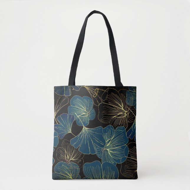 Bolsa Tote Elegant Leaves of Blue With Gold Lines Botanical (Frente)