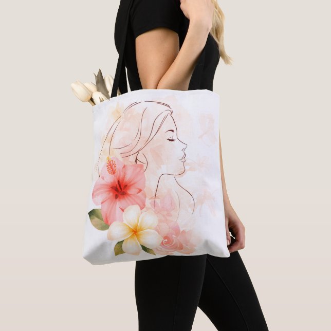 Bolsa Tote Elegant Line Art Woman with Tropical Flowers – Min (Close Up)