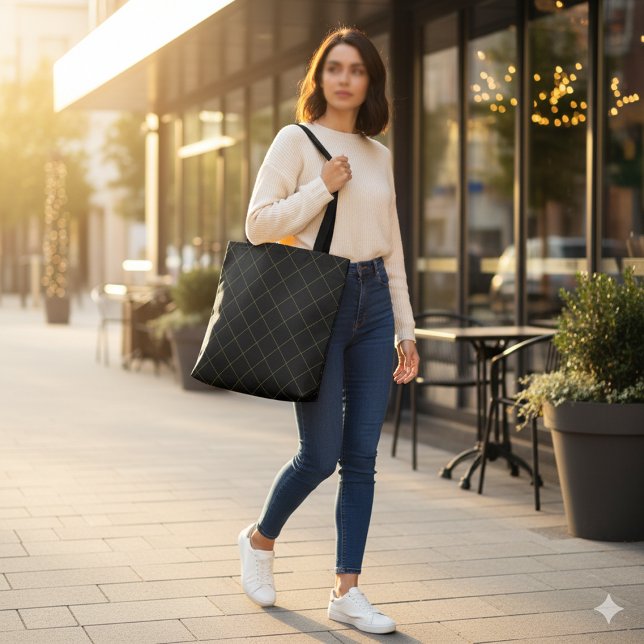 Bolsa Tote Elegant Metallic Gold Box Stripe Black (Criador carregado)