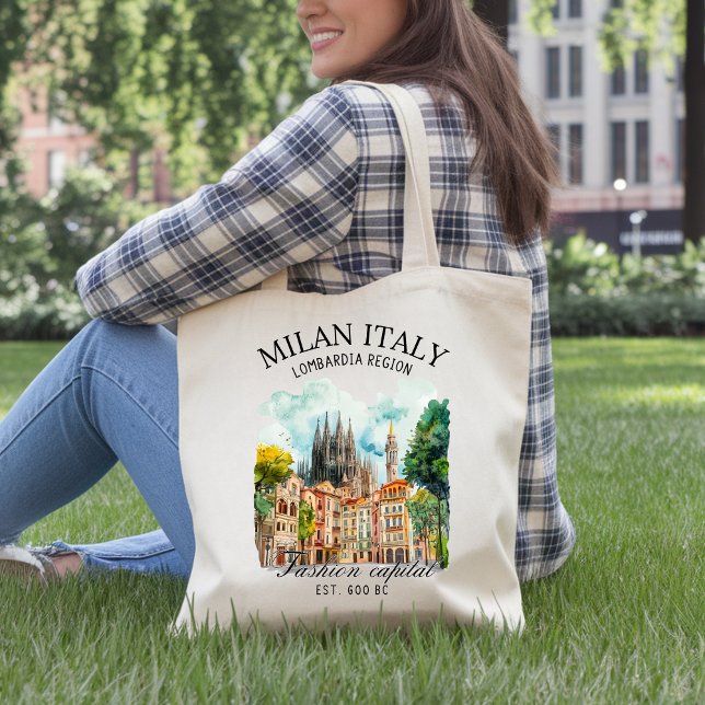 Bolsa Tote Elegant Milan Italy Cityscape Watercolor  (Criador carregado)