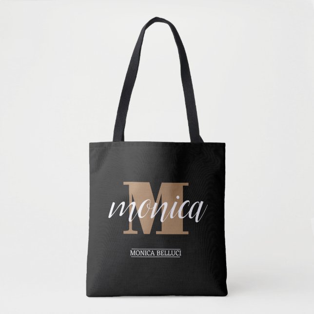 Bolsa Tote Elegant Monogram Black Gold Script minimal (Frente)