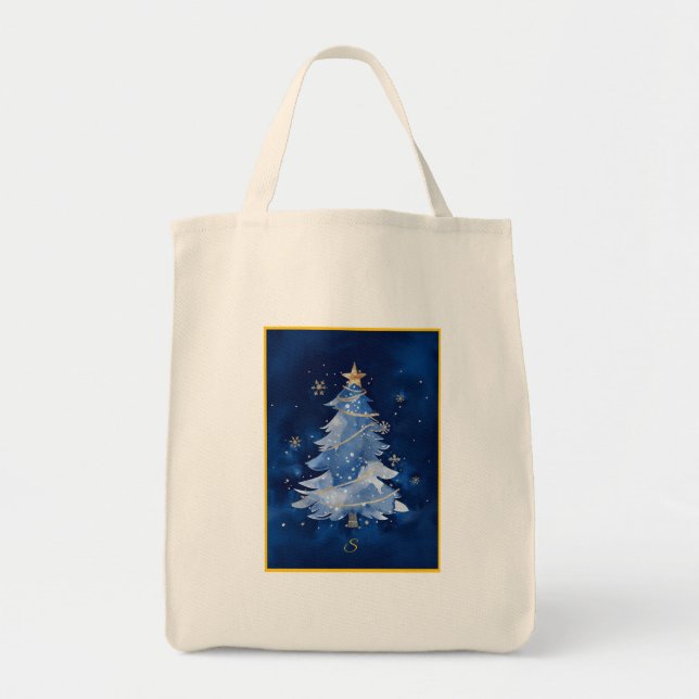 Bolsa Tote Elegant Navy Blue Christmas Tree Monogram (Frente)