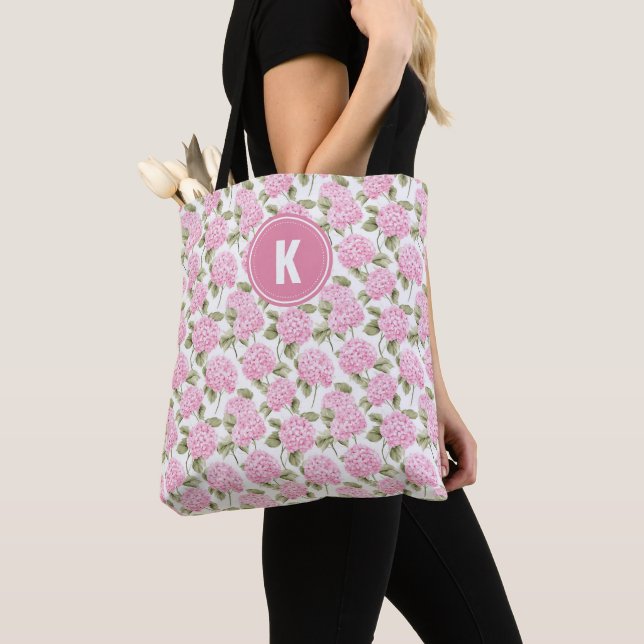 Bolsa Tote Elegant Pink Hydragea Flowers Pattern Monogram (Close Up)