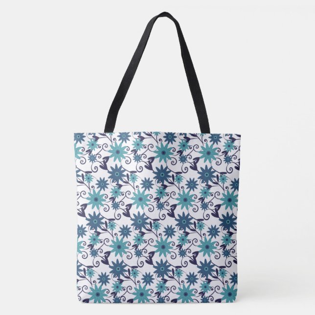 Bolsa Tote Elegant  turquoise and blue flowers (Frente)