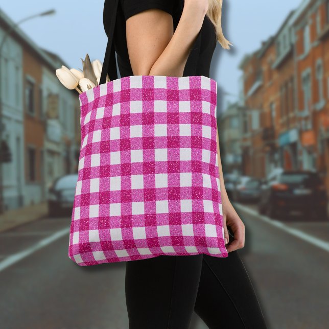 Bolsa Tote Elegant Valentine Pink Glitter Tartan on White (Criador carregado)
