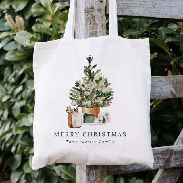Bolsa Tote Elegant Watercolor Christmas Tree Christmas (Criador carregado)
