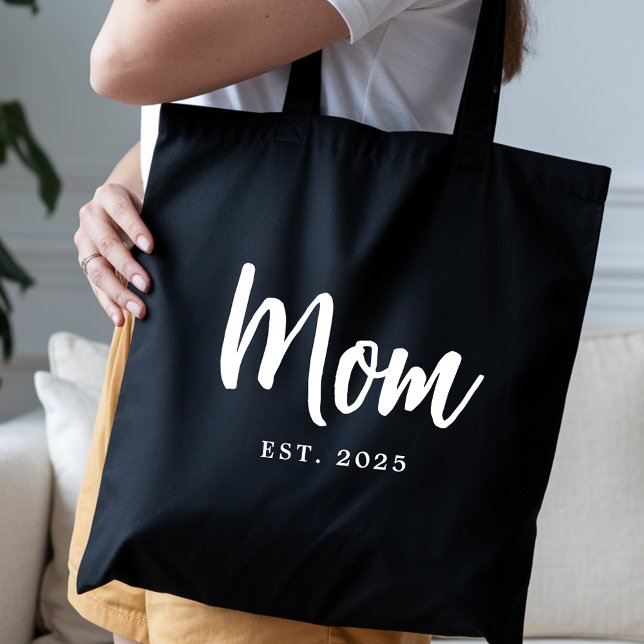 Bolsa Tote Elegant White Script Established New Mom (Elegant White Script Established Date New Mom Black Tote Bag)