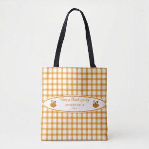 Bolsa Tote Elegante Ação de Graças Xadrez Amarela Pumpkins