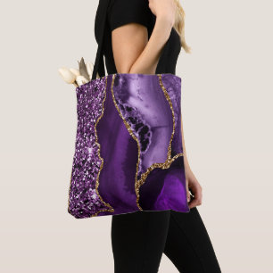 Bolsa Tote Elegante Ágata Oceânica com Brilho Roxo e Dourado