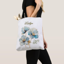 Elegante Aquarela Azul Poppies Monograma Nome