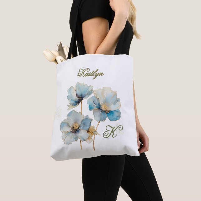 Bolsa Tote Elegante Aquarela Azul Poppies Monograma Nome (Close Up)