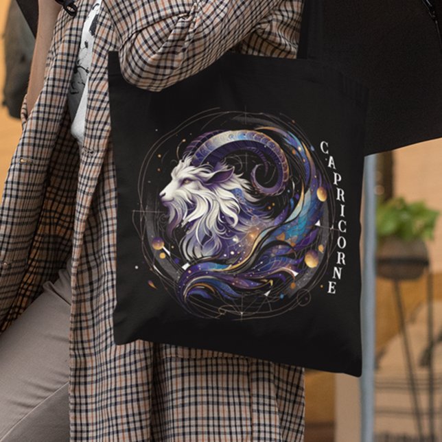 Bolsa Tote Elegante Aquarela Capricorne Zodiac Preto (Criador carregado)
