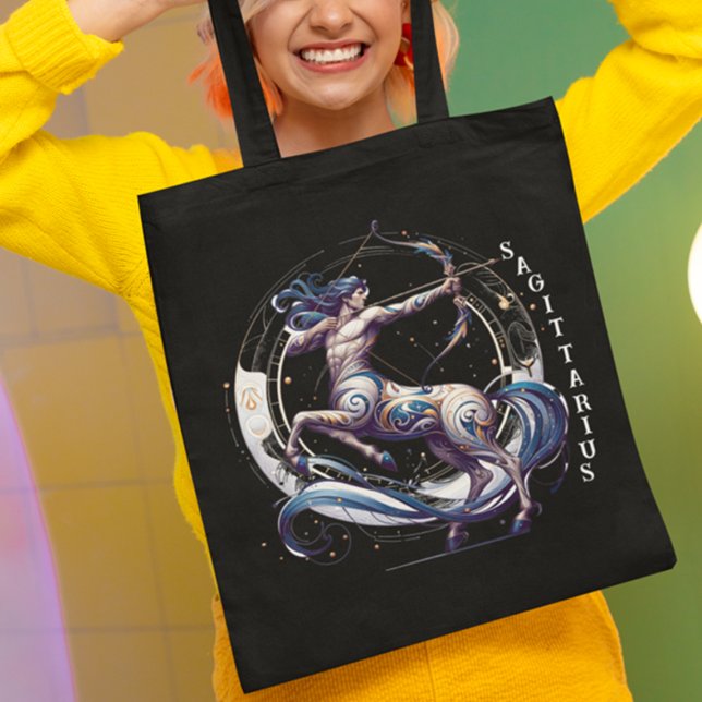 Bolsa Tote Elegante Aquarela Sagittarius Zodiac Preto (Criador carregado)