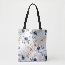 Bolsa Tote Elegante Azul Marinho e Floral Beige em Aquarela