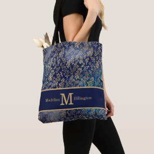 Bolsa Tote Elegante Azul Marinho Folhas de Ouro Monograma Nom