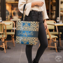 Bolsa Tote Elegante Azul Real & Dourado Ornato Nome Damask