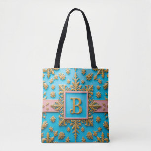 Bolsa Tote Elegante Barra Dourada Barroca Letra B em Fundo Az