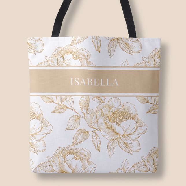 Bolsa Tote Elegante Beige Floral Padrão Chic Flor Botânica (Elegant Beige Floral Pattern Chic Botanical Flower Tote Bag)