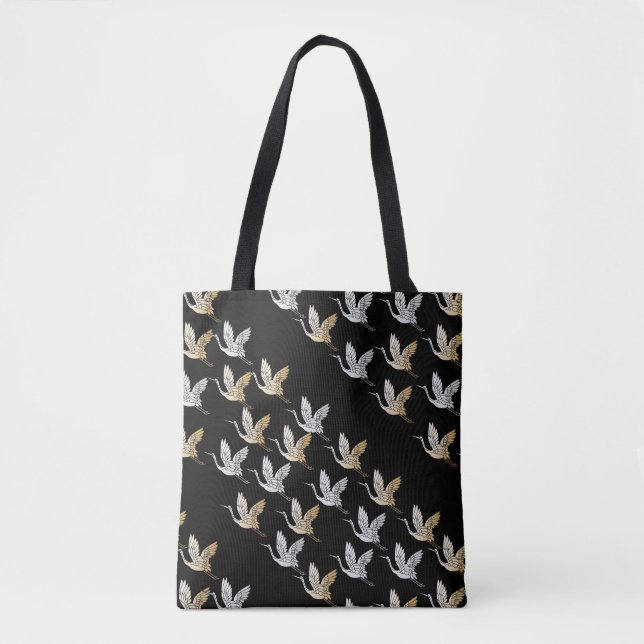 Bolsa Tote Elegante Black Dourado Crane Modern Japonês (Frente)