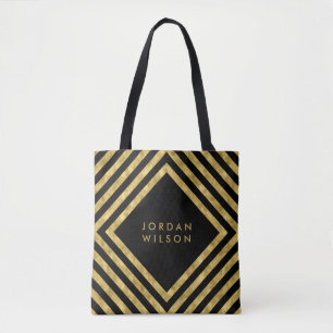 Bolsa Tote Elegante Black Faux Dourado Square Lines Geométric