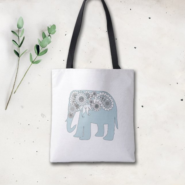 Bolsa Tote Elegante Blue Paisley Elephant (Criador carregado)