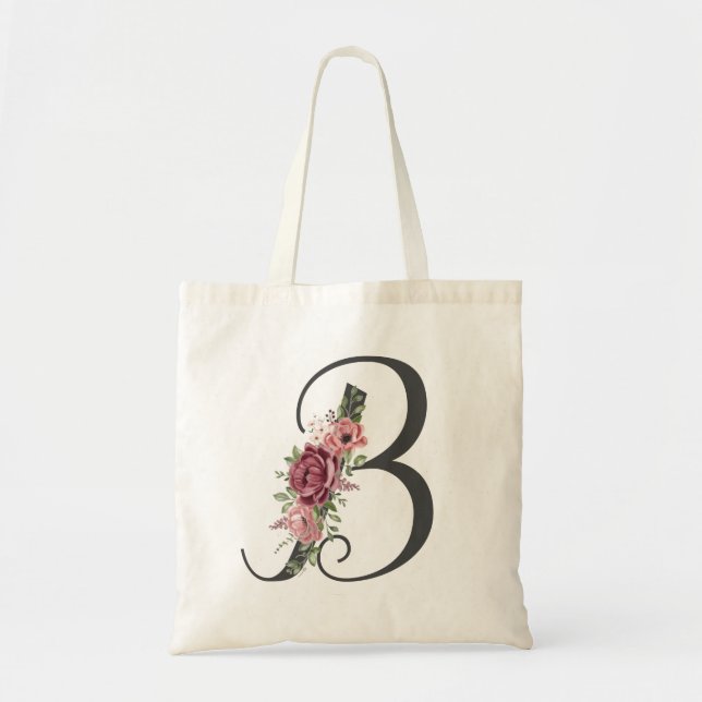 Bolsa Tote Elegante Blush e Borgonha Floral Monograma Inicial (Frente)