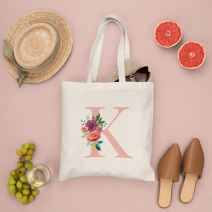 Bolsa Tote Elegante Blush e Borgonha Floral Monograma Inicial