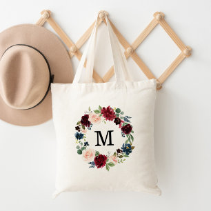 Bolsa Tote Elegante Blush e Burgundy Floral Wreath Monograma