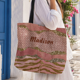 Bolsa Tote Elegante blush rose com estampa de animal monogram