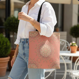 Bolsa Tote Elegante Boho Coral Rosa & Dourado Jóia Mandala