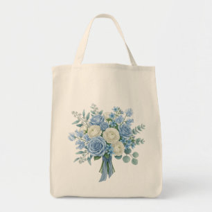 Bolsa Tote Elegante Buquê Floral Azul e Branco em Aquarela B