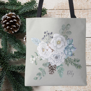 Bolsa Tote Elegante Buquê Floral Botânico de Inverno para Dam