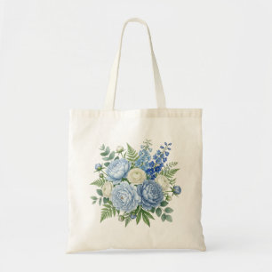 Bolsa Tote Elegante Buquê Floral de Peônia Azul em Design Aqu