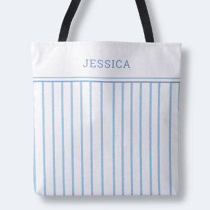 Bolsa Tote Elegante Chic Azul e Branco Padrão de Listras Simp