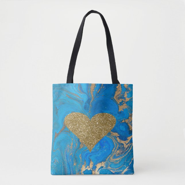 Bolsa Tote Elegante Chic Faux Dourada Glittery Heart Marble (Frente)