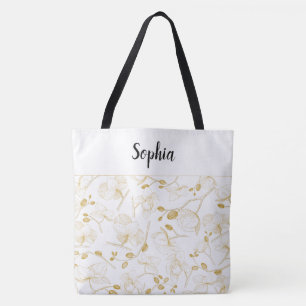 Bolsa Tote Elegante com orquídeas brancas e douradas